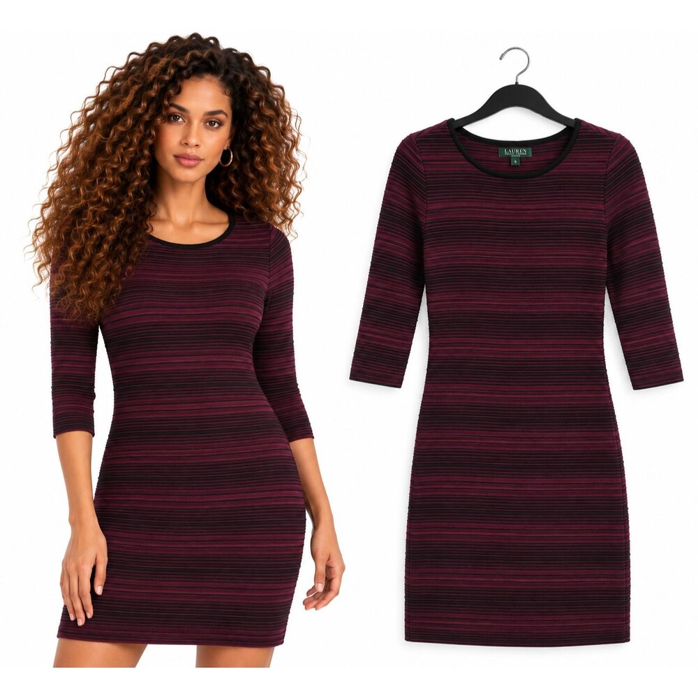 Lauren Ralph Lauren Knit Stretch Dress Size Medium 3/4 Sleeve Wine Striped